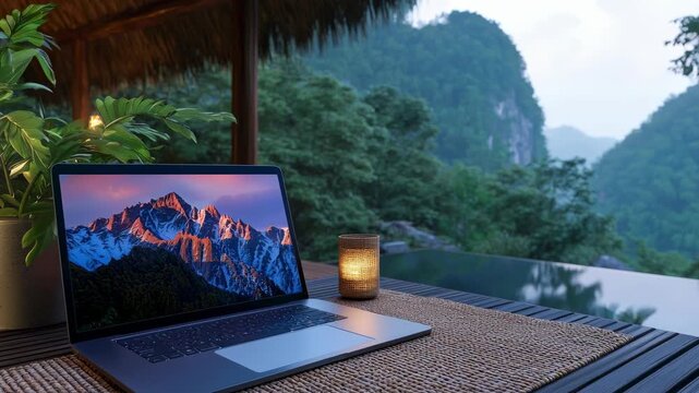 Tropical workspace laptop and candle balcony by mountain sunrise, reflection pool serene jungle remote work retreat blends technology with nature