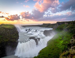 Scenic waterfall cascading through lush, green, cliffside terrain at sunset
