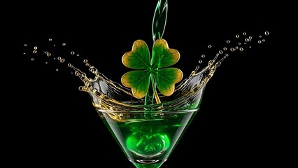 Green Cocktail Splash With Golden Shamrock In Martini Glass drink