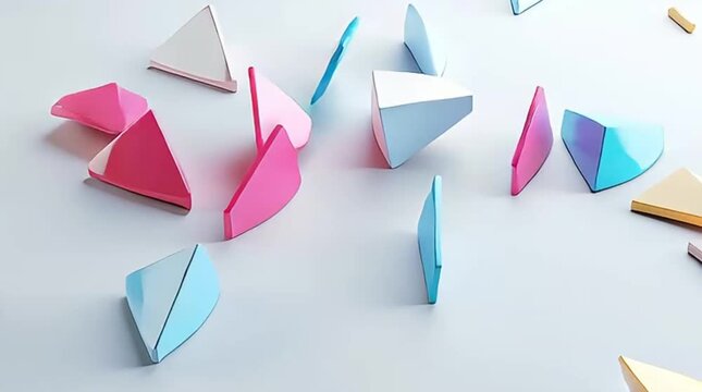 Abstract 3D pie chart deconstructing into vibrant blue, pink, and yellow geometric segments on a white background, representing data analysis, growth, and information transformation.