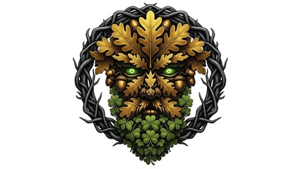 Green Man Face Made of Oak Leaves and Shamrocks pagan nature spirit