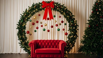 Christmas Wreath with Red Ribbon and Festive Ornaments on Door
