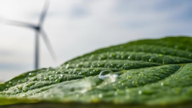 Close-up of a vibrant green leaf with water droplets, with a blurred tall structure in the background, daytime.
