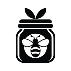 Bee and Honey Jar Black Silhouette Icon Isolated on White