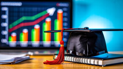 Graduation cap with upward business growth chart representing career success
