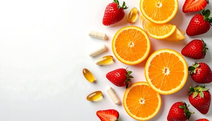Natural Health and Immunity Concept with Vitamins and Fresh Citrus Fruits on White Background