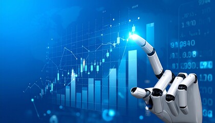Robotic arm pointing at stock chart.Ai artificial intelligence tool analysis Data stock market.nvestor use smart Ai robot automation technology for analysis graph data for decision trading, big data