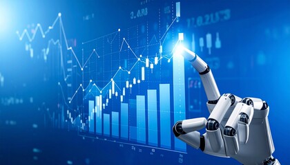 Robotic arm pointing at stock chart.Ai artificial intelligence tool analysis Data stock market.nvestor use smart Ai robot automation technology for analysis graph data for decision trading, big data