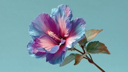 Exotic hibiscus flower with blue, pink, and purple petals on light blue