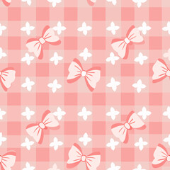 Seamless vector pattern featuring pink coquette bows and dainty white flowers on a soft gingham check background. Trendy aesthetic illustration for feminine textiles and digital scrapbooking.