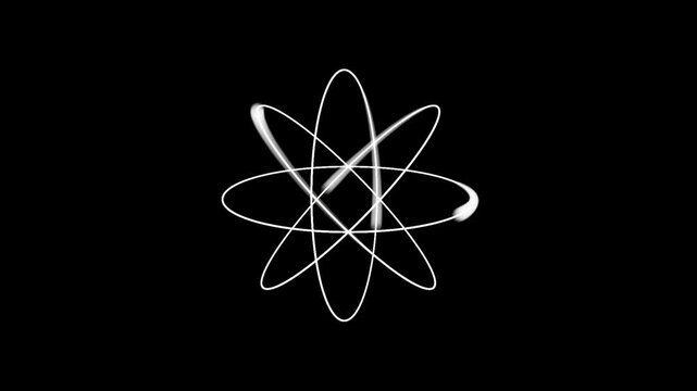 A clean, minimalist animation of a white stylized atom symbol with electrons orbiting a central nucleus on a black background.