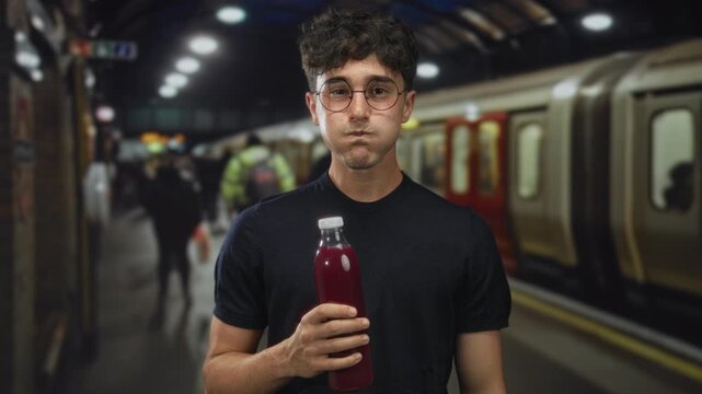 Man holding a red drink bottle with exposed forearm and puffed cheeks while standing on a train station platform inside a building; curiosity.
