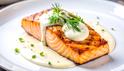 Grilled Salmon Steak Served with Sour Cream Sauce and Dill Garnish, Elegant Seafood Cuisine