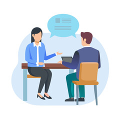 Obraz premium HR manager or recruiter interviewing work candidate, applicant. Job interview, vacancy, hiring recruitment process concept. Vector illustration.