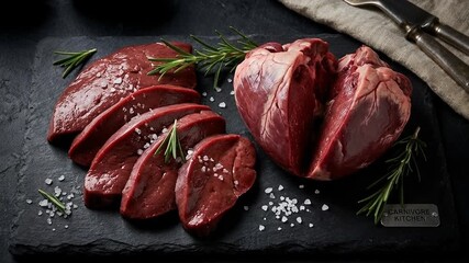 Raw meat heart liver slices on black slate with rosemary salt for ancestral health food approach cooking nutrition benefits