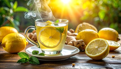Steaming Hot Lemon Ginger Tea with Fresh Mint Leaves in Glass Cup, Healthy Herbal Drink Concept