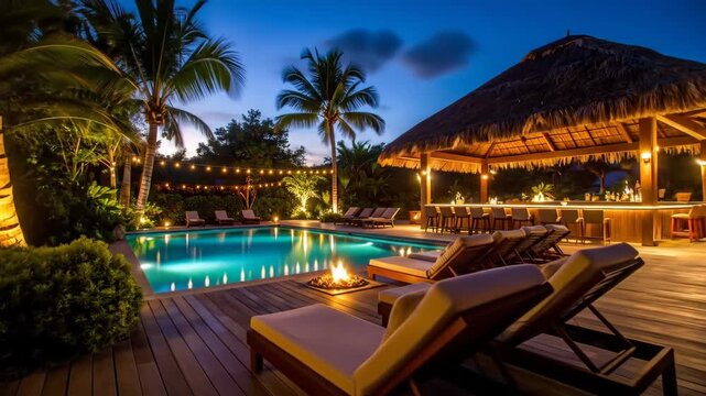 Evening scene of a luxurious resort with a swimming pool, bar, and palm trees, illuminated by warm lights.