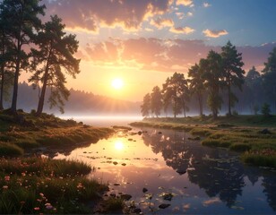 Serene sunrise over a forest lake, reflecting the vibrant sky