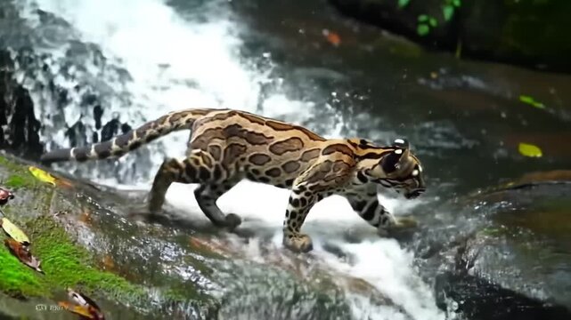 Clouded leopard in natural habitat walking near waterfall