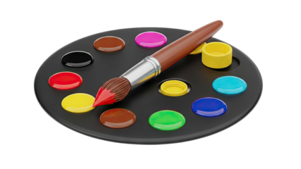 3D Paintbrush with colorful paint on palette on transparent background