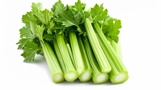 Freshly harvested green celery stalks with vibrant leaves, isolated on a clean white background.