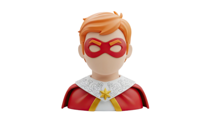 3D Boy superhero bust with red mask and cape on transparent background