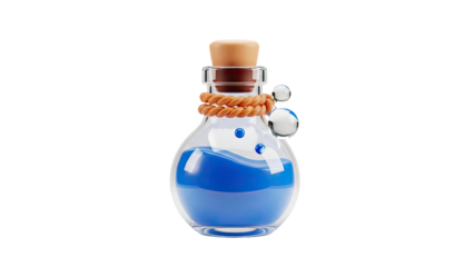 3D Cartoon Magic Potion Bottle with Blue Liquid and Cork on transparent background