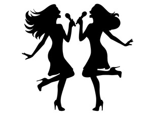 black silhouette of two women singing, batel singing show, icon isolated on white background, type 2

