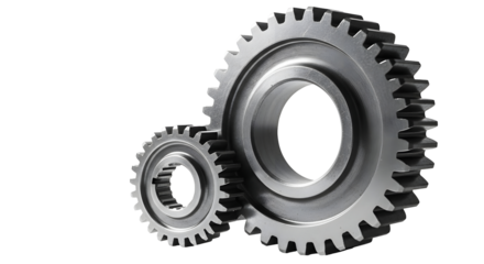 Two interlocking metal gears isolated on transparent background