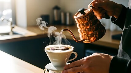 Close-up of a person's hands pouring hot water from a copper kettle into a pour-over coffee filter, brewing fresh coffee with steam rising in a warm kitchen setting.