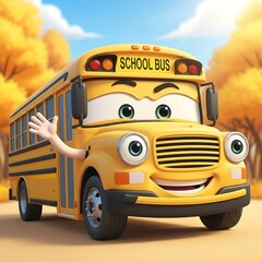 Cheerful Cartoon School Bus with Waving Arm Amidst Autumn Foliage.