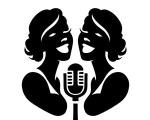silhouette logo of two women singing, batel singing show, icon isolated on white background
