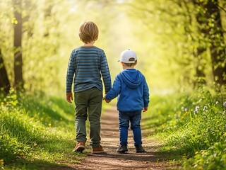 Two Little Boys Holding Hands Walking on Sunny Park Path. Generative Ai