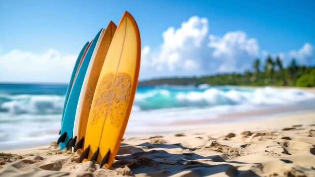A row of colorful surfboards standing on a sandy beach with the ocean and blue sky in the background.