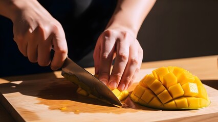 Close-up of hands slicing fresh ripe mango into cubes on a wooden cutting board, preparing healthy tropical fruit for a snack or meal.