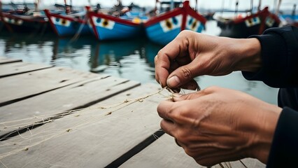 Skilled hands mending a fishing net by a wooden pier, with traditional, colorful boats docked in a vibrant harbor, depicting traditional craftsmanship and maritime life.