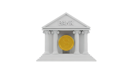 3D Bank building with gold dollar coin and columns on transparent background
