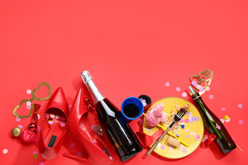 After party mess with high heels on red background
