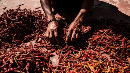 Close-up of hands sorting a large pile of vibrant red dried chili peppers under bright sunlight. Traditional spice preparation for cooking and cuisine.