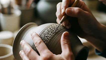 Artisan's hands meticulously carving traditional geometric patterns into a rotating unfired clay pot, showcasing skilled craftsmanship and the pottery making process.