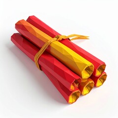 Bundle of Red and Yellow Geometric Papers Tied on White Background