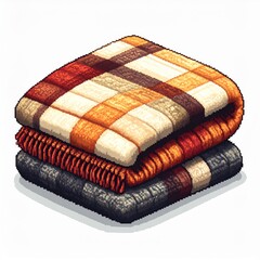 Stack of Three Folded Pixel Art Blankets Isolated on White Background