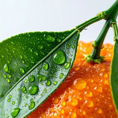 Close Up of Bright Orange Citrus with Water Droplets on Green Leaves