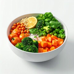 Healthy Vegan Bowl with Broccoli Carrots Peas Lemon Grain and Rice on White