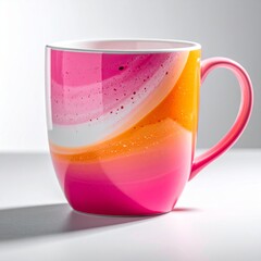 Close Up of a Ceramic Coffee Mug with Abstract Pink and Orange Paint Swirls