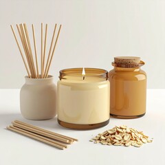 Cozy Still Life of Candle Diffuser and Oats on White Tabletop