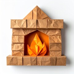 Origami Fireplace with Orange Flames Against a White Background Detail
