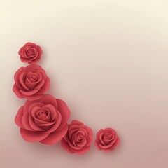 Roses with rich red petals form a diagonal cluster against a soft gradient background transitioning from beige to light pink.