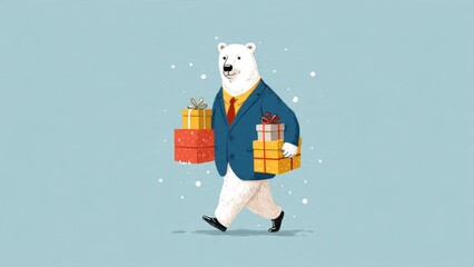 Polar bear in suit walking with christmas gifts in snowy scene