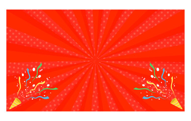 パーティークラッカーとサンバースト背景　赤色